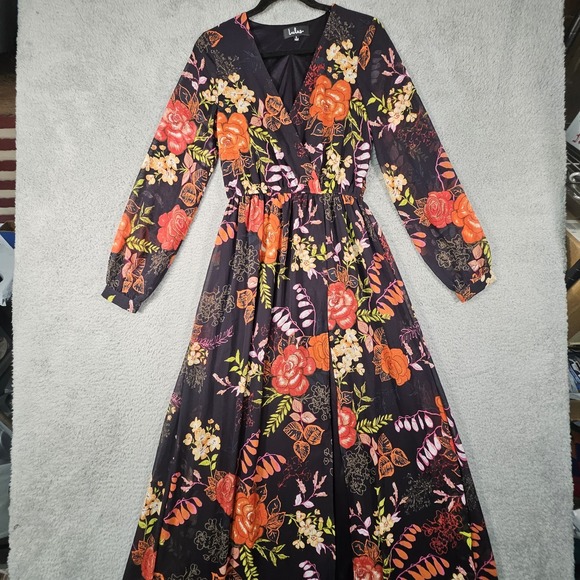 Lulus Maxi Dress Womens S Dark Floral Side Slit Babydoll Formal Elegant Timeless - Picture 2 of 15